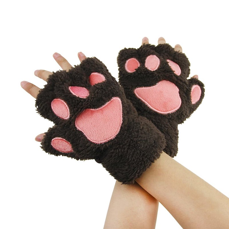 Ylucky Girls Cartoon Bear Claw Gloves Half Finger Paw Gloves Winter Warm Plush Faux Fur Mittens Hand Wear - Image 1
